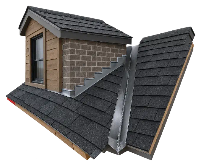 Small dormer on a shingle roof with step flashing and a metal roof valley.