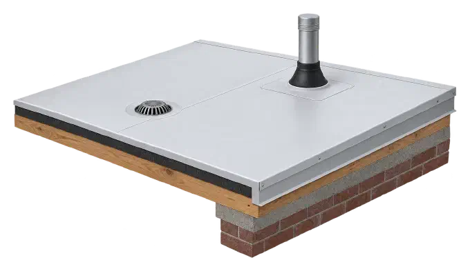 White flat roof membrane with sealed seams, a vent pipe boot and a drain.
