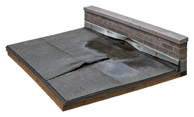 Old gray flat roof with a split seam, standing water and loose wall flashing.