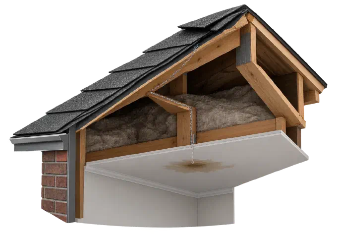 How a roof leak travels to the ceiling Cutaway roof showing rainwater running down a rafter to a stained ceiling.