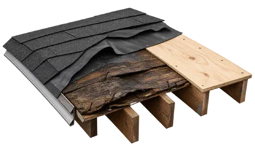 Shingles peeled back to show rotted roof boards beside a sheet of new plywood.