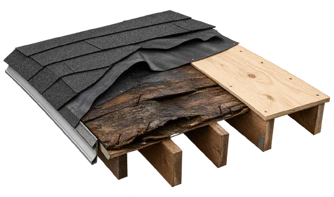 Rotted roof boards under the shingles Shingles peeled back to show rotted roof boards beside a sheet of new plywood.