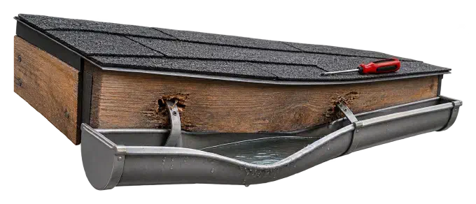Sagging gutter with loose hangers Metal gutter sagging where its hangers pulled out of rotted fascia wood.