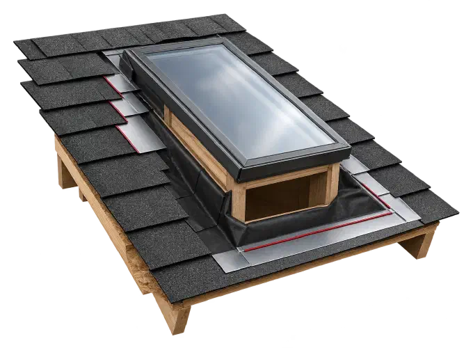 Skylight install layers and flashing Cutaway skylight in a shingle roof showing its frame, water barrier and flashing.