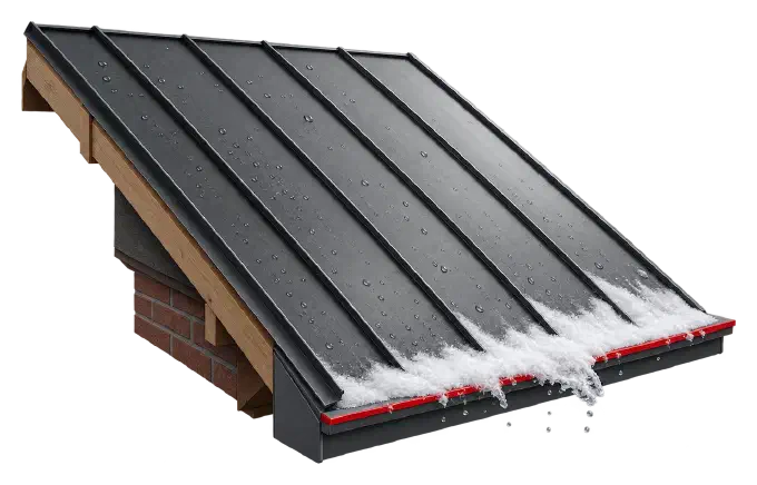 Graphite standing seam metal roof with snow sliding off its lower edge.