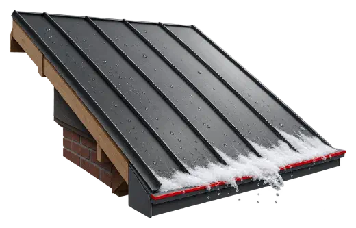 Graphite standing seam metal roof with snow sliding off its lower edge.