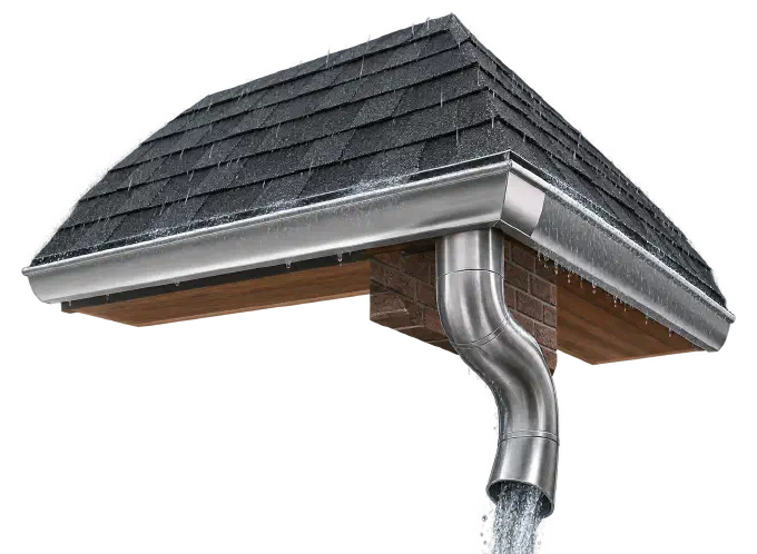 Wide gutter and downspout in heavy rain Wide silver gutter and downspout on a shingle roof carrying heavy rain away.