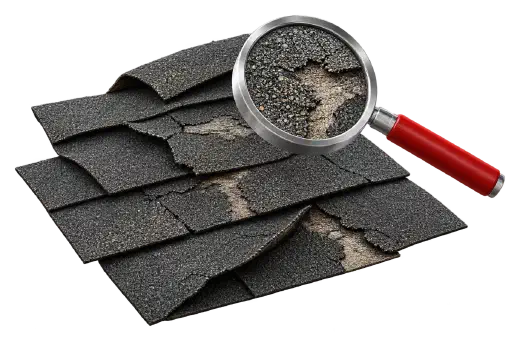 Cracked, curling asphalt shingles with worn granules under a magnifying glass.
