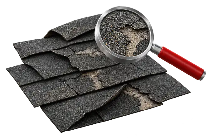 Worn shingles under a magnifying glass Cracked, curling asphalt shingles with worn granules under a magnifying glass.