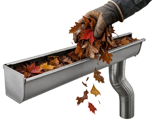 Cleaning leaves out of a gutter Gloved hand scooping wet autumn leaves out of a metal gutter.