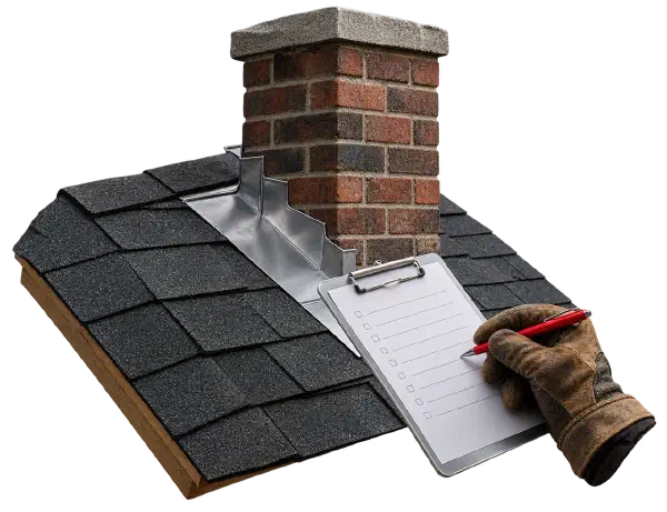 Roof inspection beside a brick chimney Gloved hand holding a clipboard beside a brick chimney on a shingle roof.