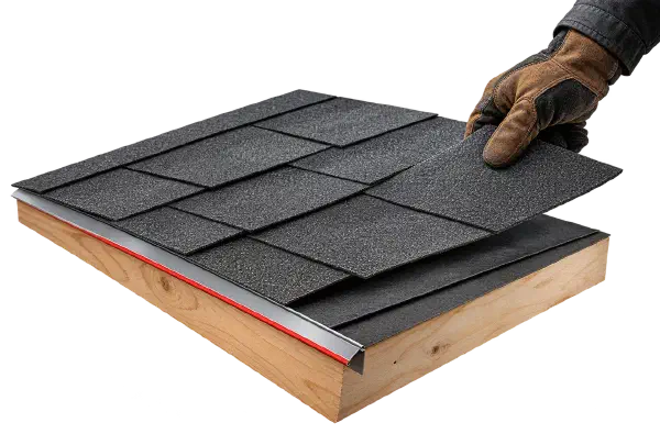 Layers of a new roof installation Cutaway of new roof layers as a gloved hand sets the last shingle.