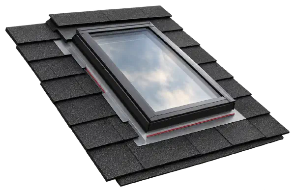 Skylight flashed into a shingle roof Skylight set into a shingle roof with metal flashing around every edge.