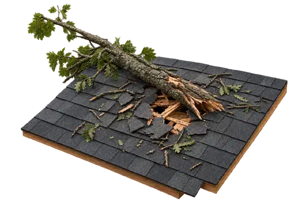 Tree limb through a shingle roof Fallen tree limb crashed through a shingle roof, leaving a splintered hole.