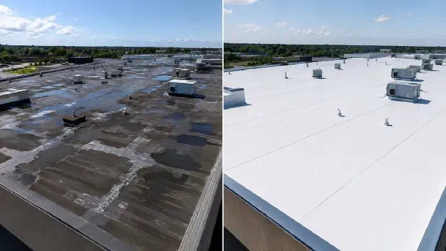 Stained, patched flat roof beside the same roof after a new white membrane.