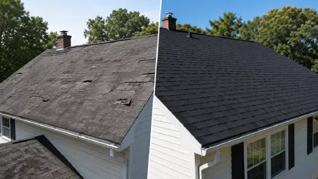 Worn shingle roof with missing patches beside the same roof after replacement.